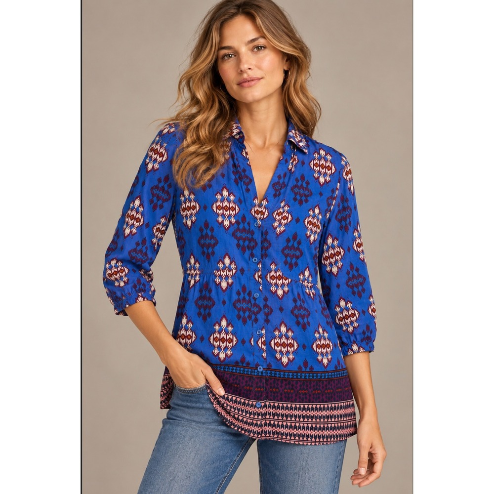 Anthropologie Maeve Ikat Tunic Top 4 Blue Diamond Print Button Front Boho Aztec